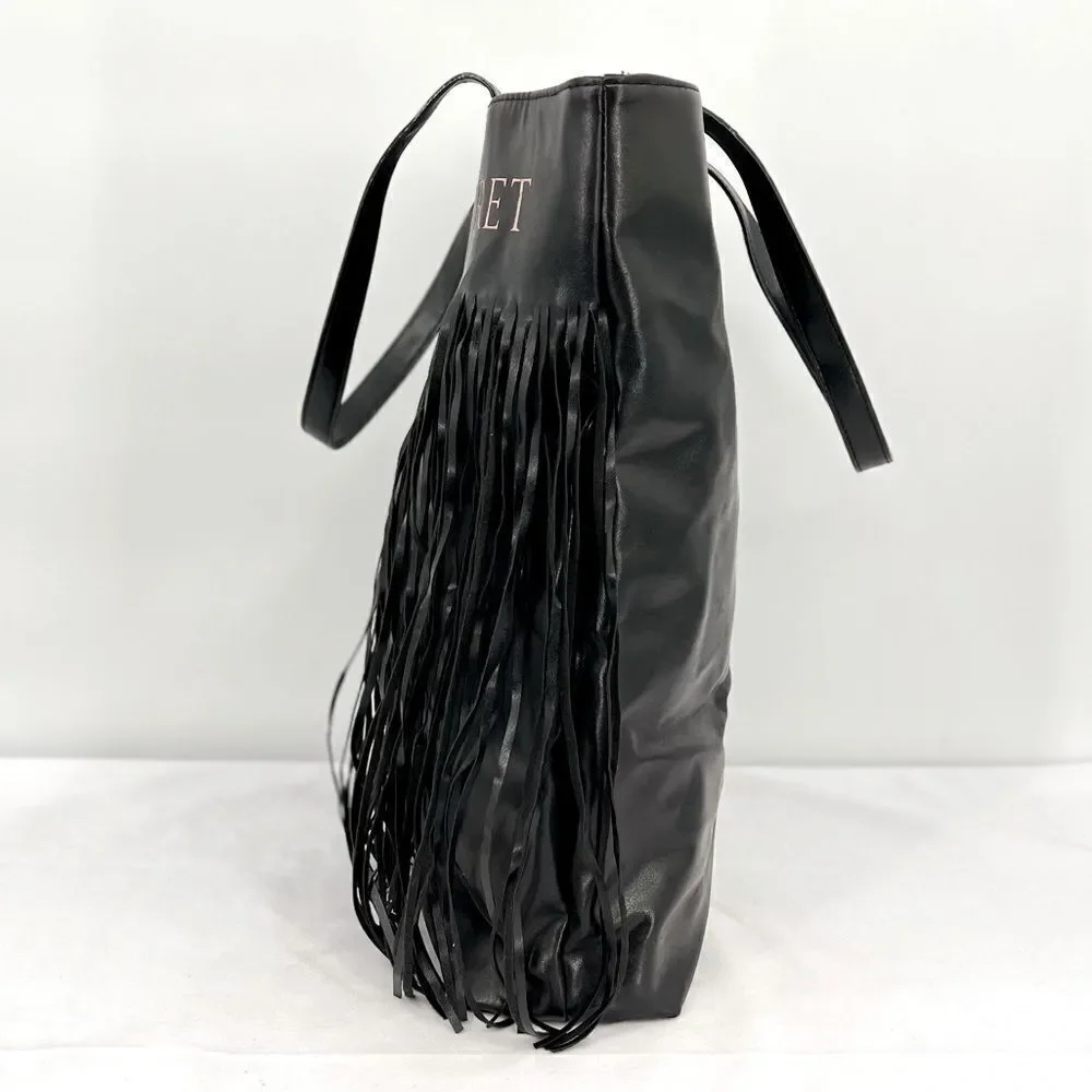 Victorias Secret Boho Fringe Limited Edition Black Faux Leather Large Tote Bag